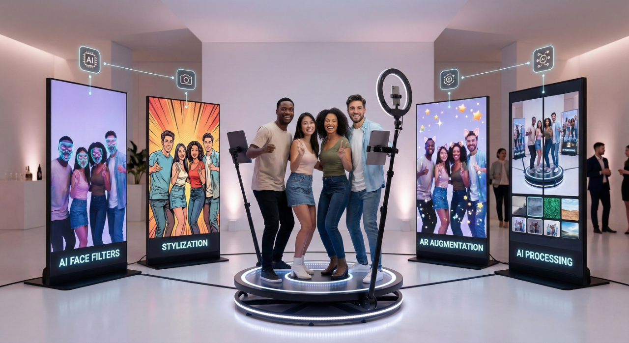 AR AI and 360 photo booth technology hero illustration